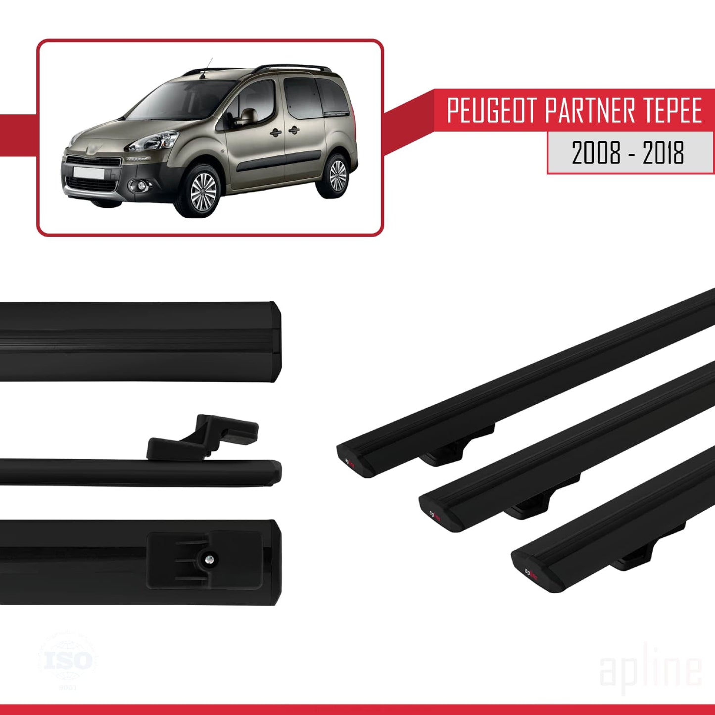 Compatible avec Peugeot Partner 2 Tepee 2008-2018 BASIC Model Barres de Toit Railing Porte-Bagages de Voiture Noir Aluminium 3 Barres