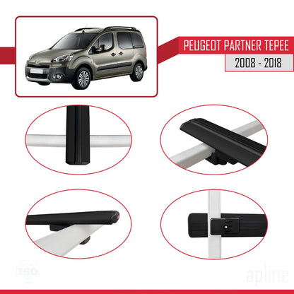 Compatible avec Peugeot Partner 2 Tepee 2008-2018 BASIC Model Barres de Toit Railing Porte-Bagages de Voiture Noir Aluminium 2 Barres