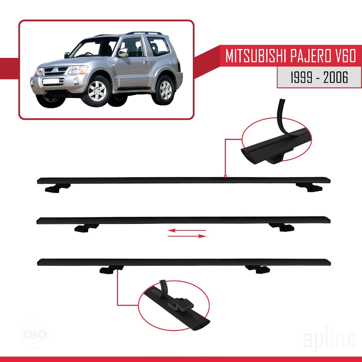Compatible avec Mitsubishi Pajero (V60) 3 Kapı 1999-2006 BASIC Model Barres de Toit Railing Porte-Bagages de Voiture Noir Aluminium 3 Barres