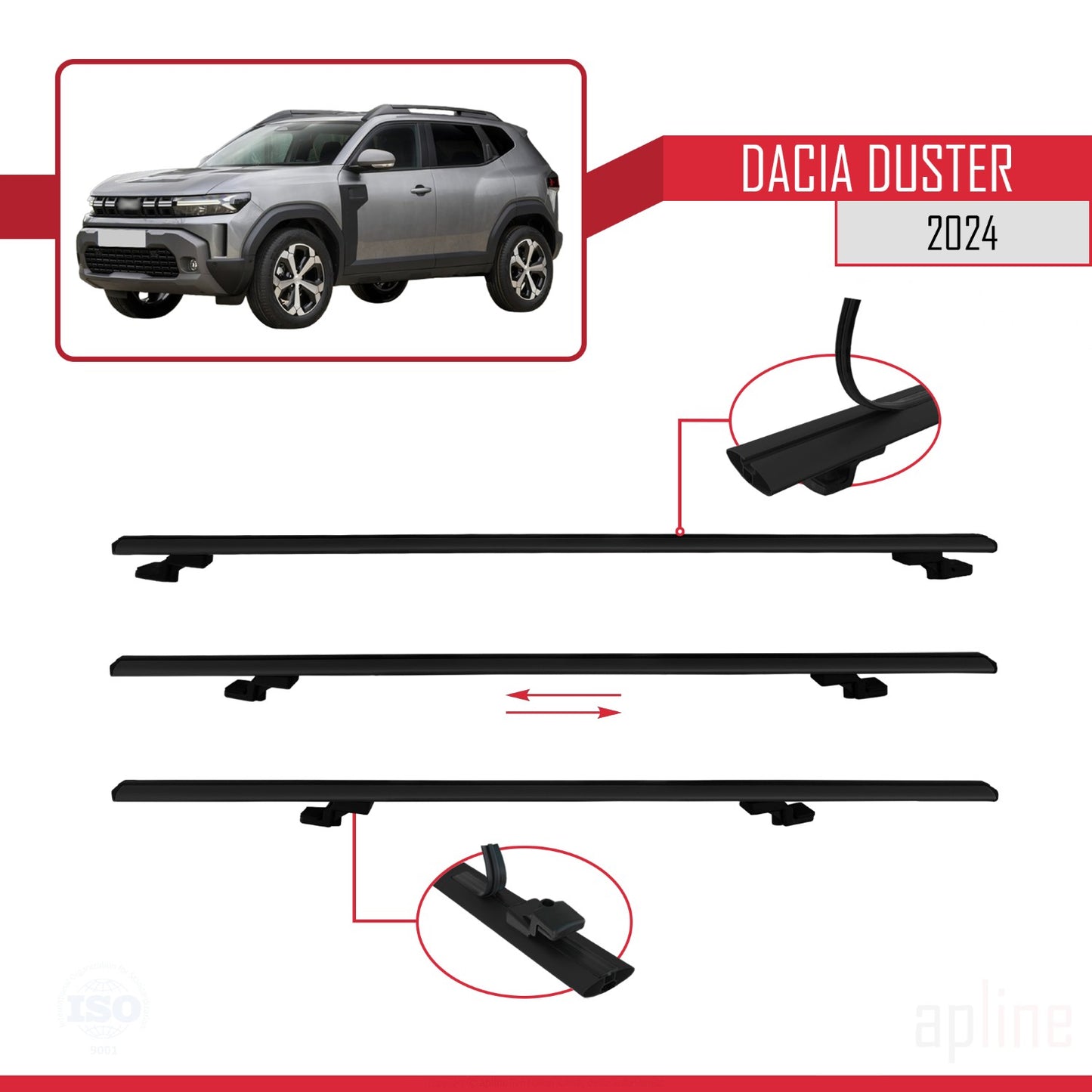 Compatible avec Dacia Duster 3 (P1310) 2024 BASIC Model Barres de Toit Railing Porte-Bagages de Voiture Noir Aluminium 2 Barres