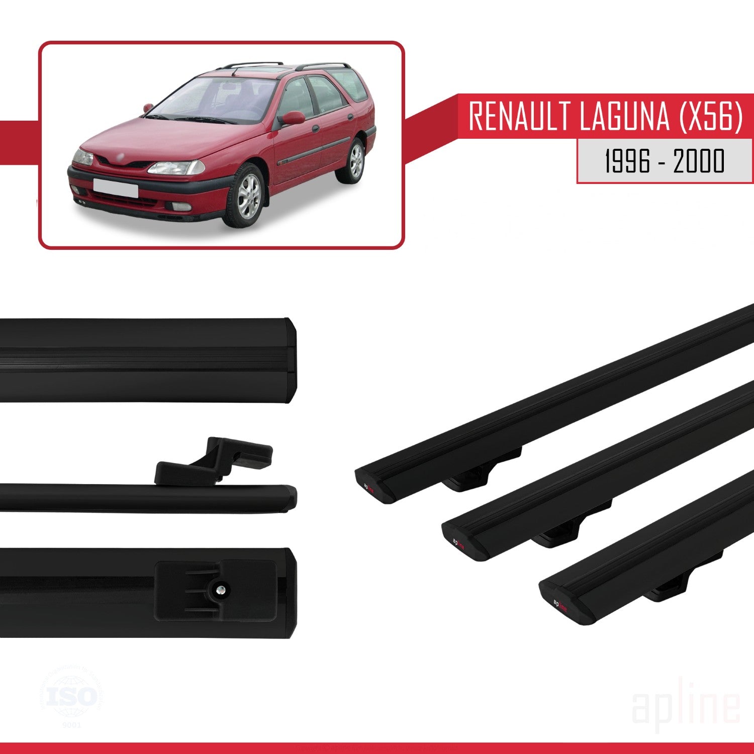 Compatible avec Renault Laguna (X56) 1996-200 BASIC Model Barres de Toit Railing Porte-Bagages de Voiture Noir Aluminium 3 Barres