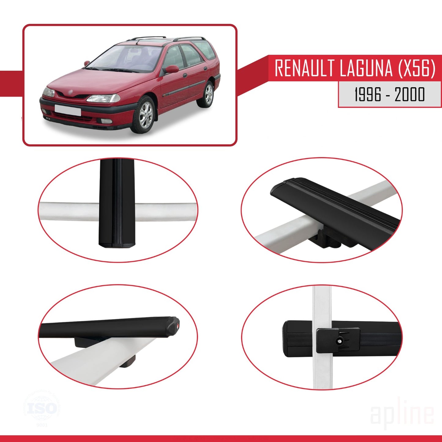 Compatible avec Renault Laguna (X56) 1996-200 BASIC Model Barres de Toit Railing Porte-Bagages de Voiture Noir Aluminium 2 Barres