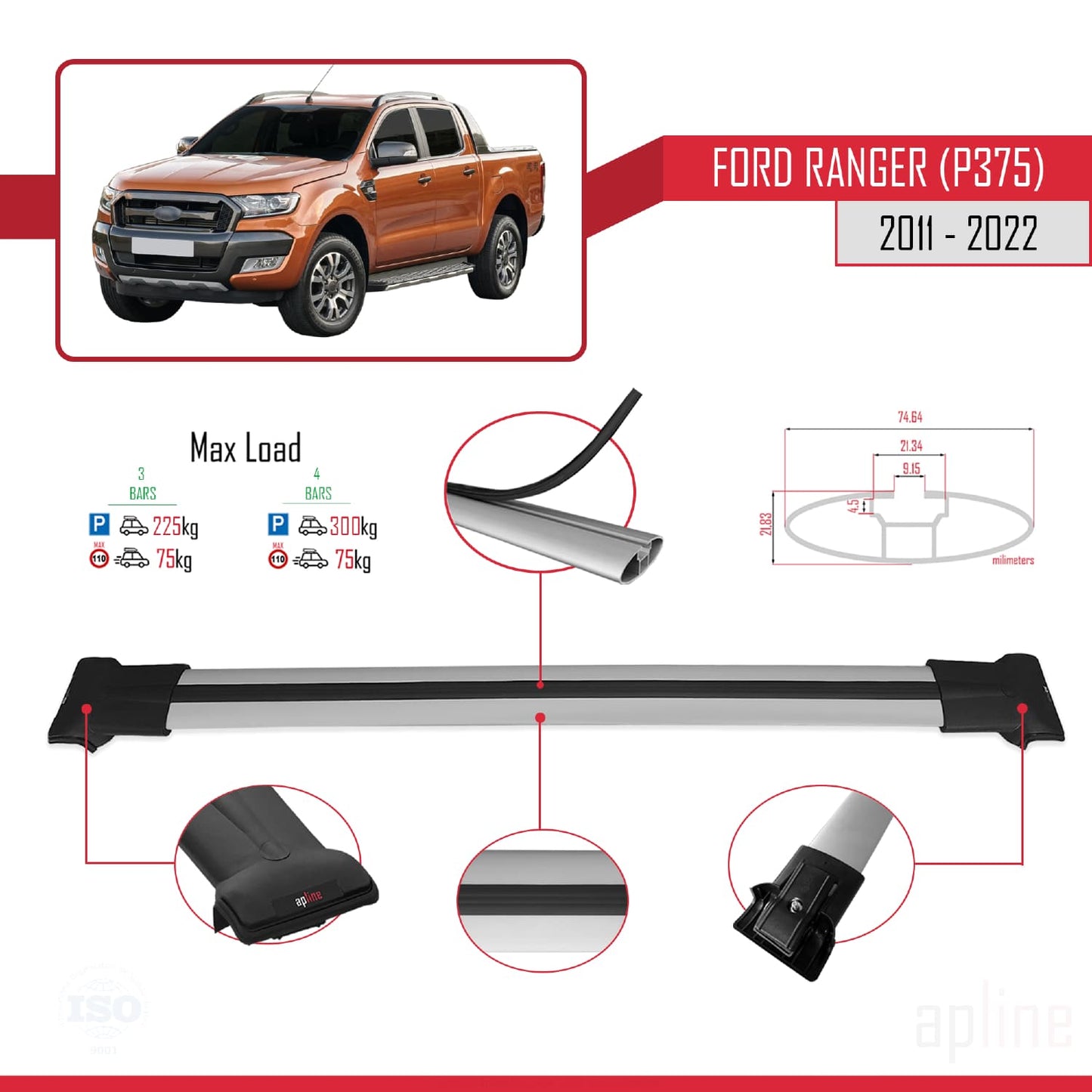 Compatibile con Ford Ranger (P375) 2011-2022 FLY Model Barre Tetto Portapacchi Auto Barre Portatutto Grigo Alluminio 3 Barre