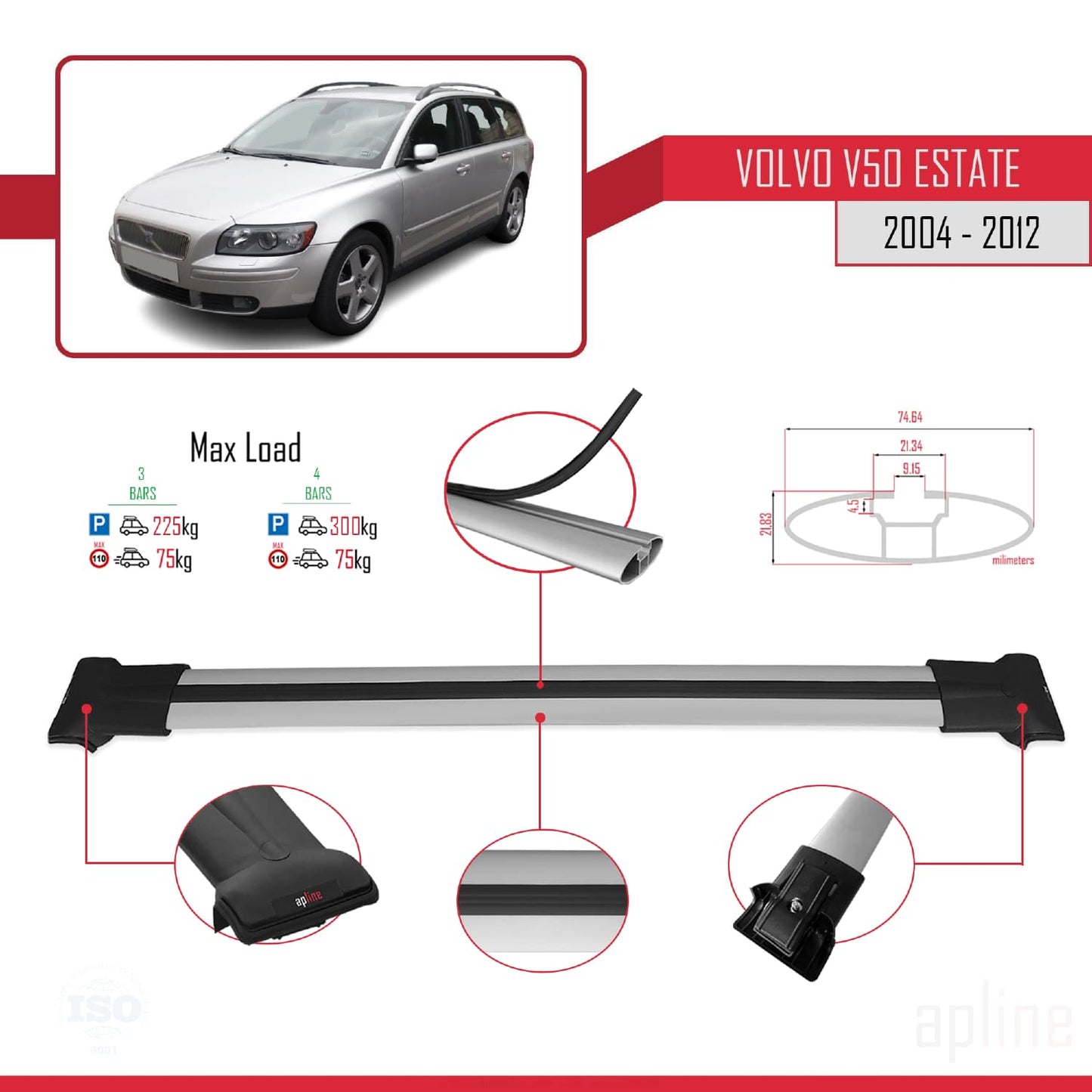 Compatibile con Volvo V50 2004-2012 FLY Model Barre Tetto Portapacchi Auto Barre Portatutto Grigo Alluminio 3 Barre