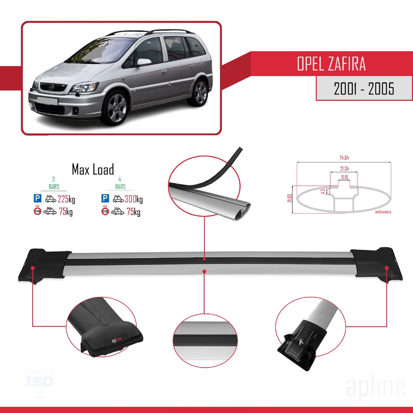FLY Model Dakdrager bagagedrager compatibel met Opel Zafira A (T98) 2001-2005 Spoorstaven Grijs Aluminium 3 Staven