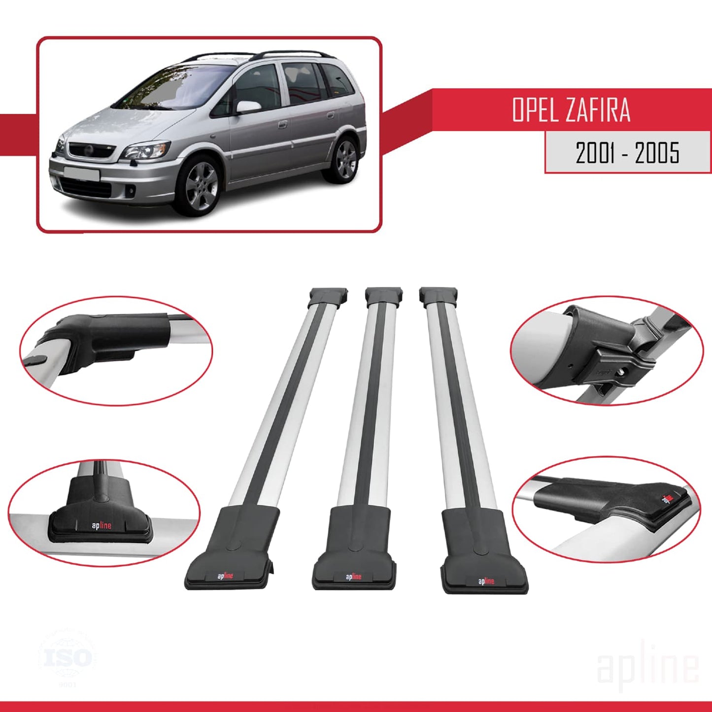 FLY Model Dakdrager bagagedrager compatibel met Opel Zafira A (T98) 2001-2005 Spoorstaven Grijs Aluminium 3 Staven