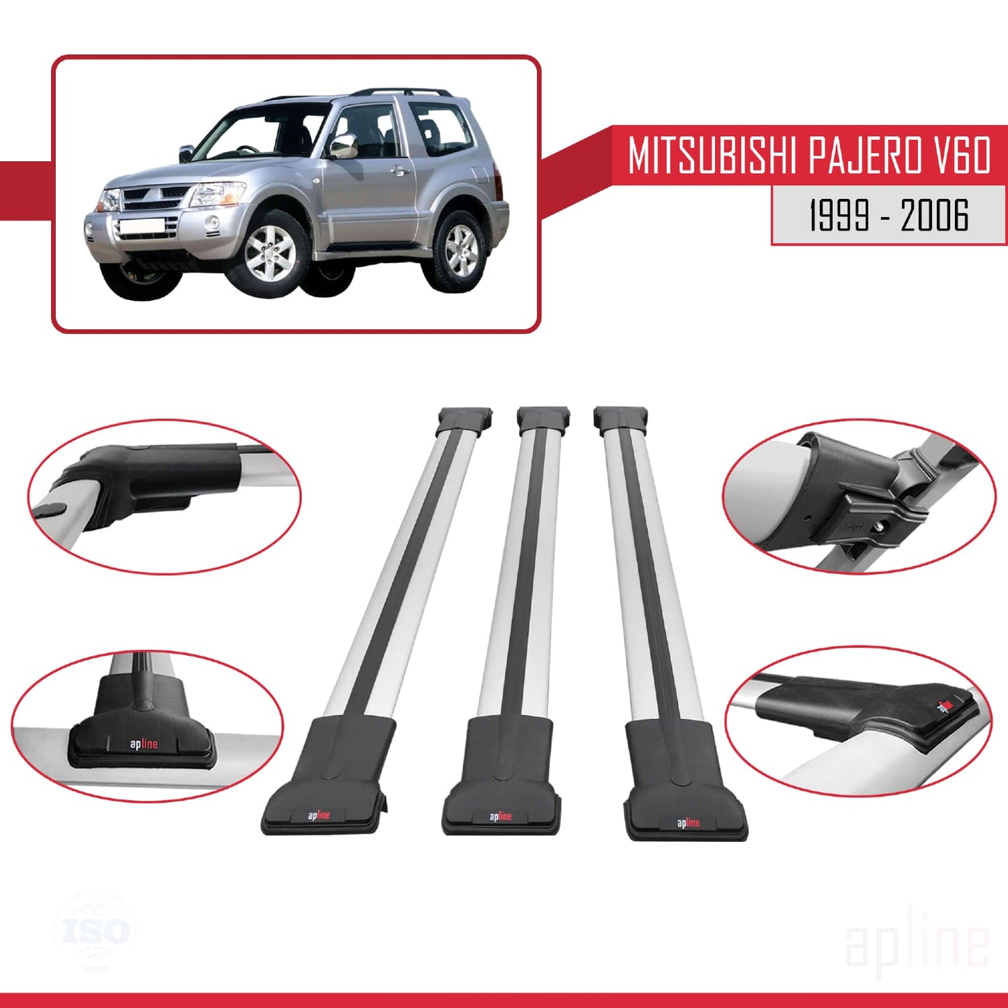 Compatible avec Mitsubishi Pajero (V60) 3 Kapı 1999-2006 FLY Model Barres de Toit Railing Porte-Bagages de Voiture Gris Aluminium 3 Barres