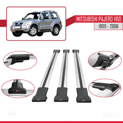 Compatible avec Mitsubishi Pajero (V60) 3 Kapı 1999-2006 FLY Model Barres de Toit Railing Porte-Bagages de Voiture Gris Aluminium 3 Barres