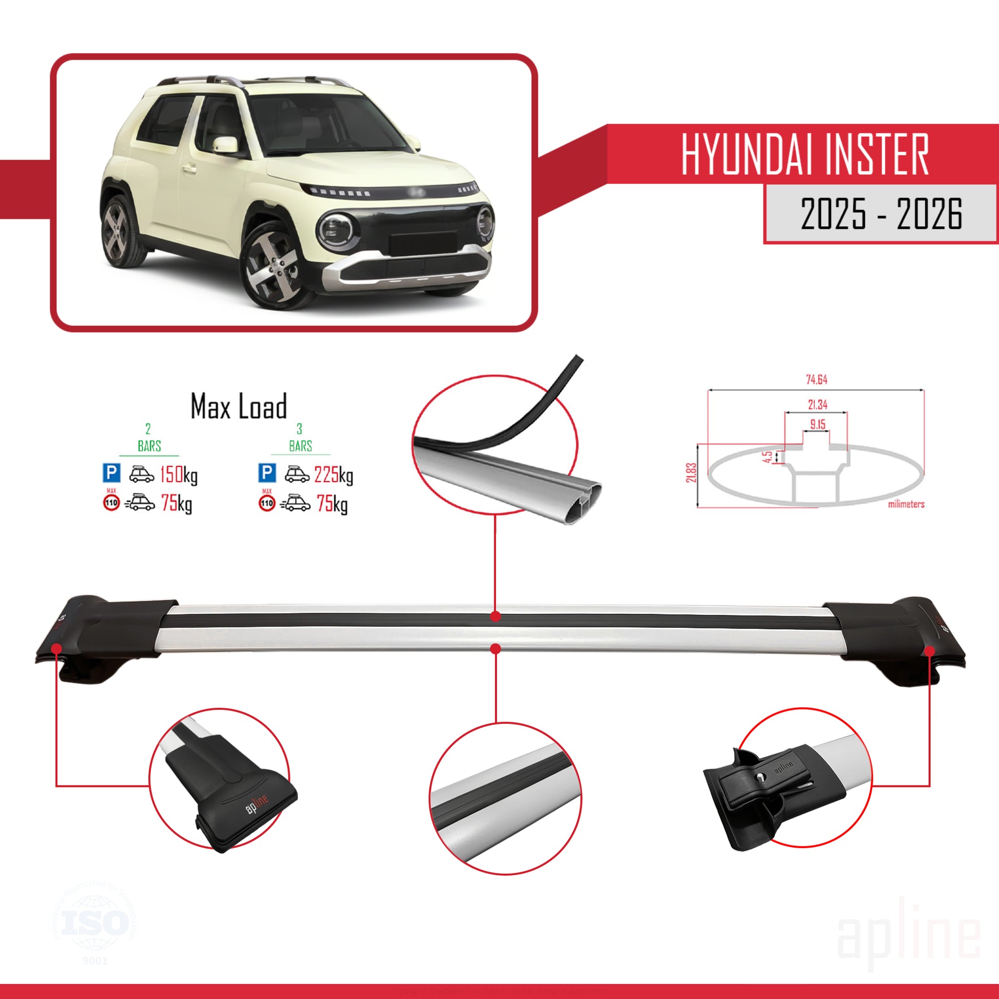 Compatible avec Hyundai Inster 2025-2026 FLY Model Barres de Toit Railing Porte-Bagages de Voiture Gris Aluminium 3 Barres