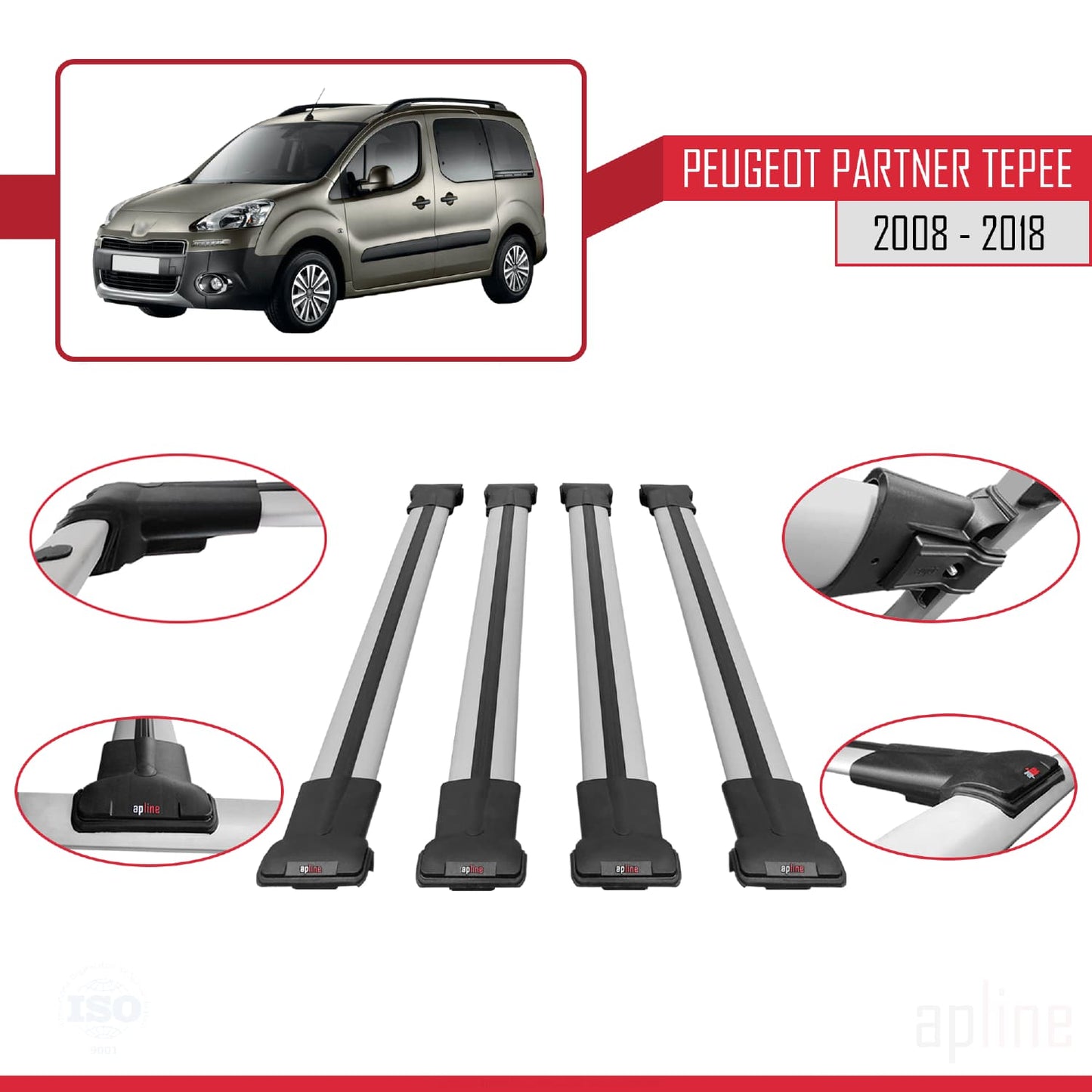 Compatible avec Peugeot Partner 2 Tepee 2008-2018 FLY Model Barres de Toit Railing Porte-Bagages de Voiture Gris Aluminium 4 Barres