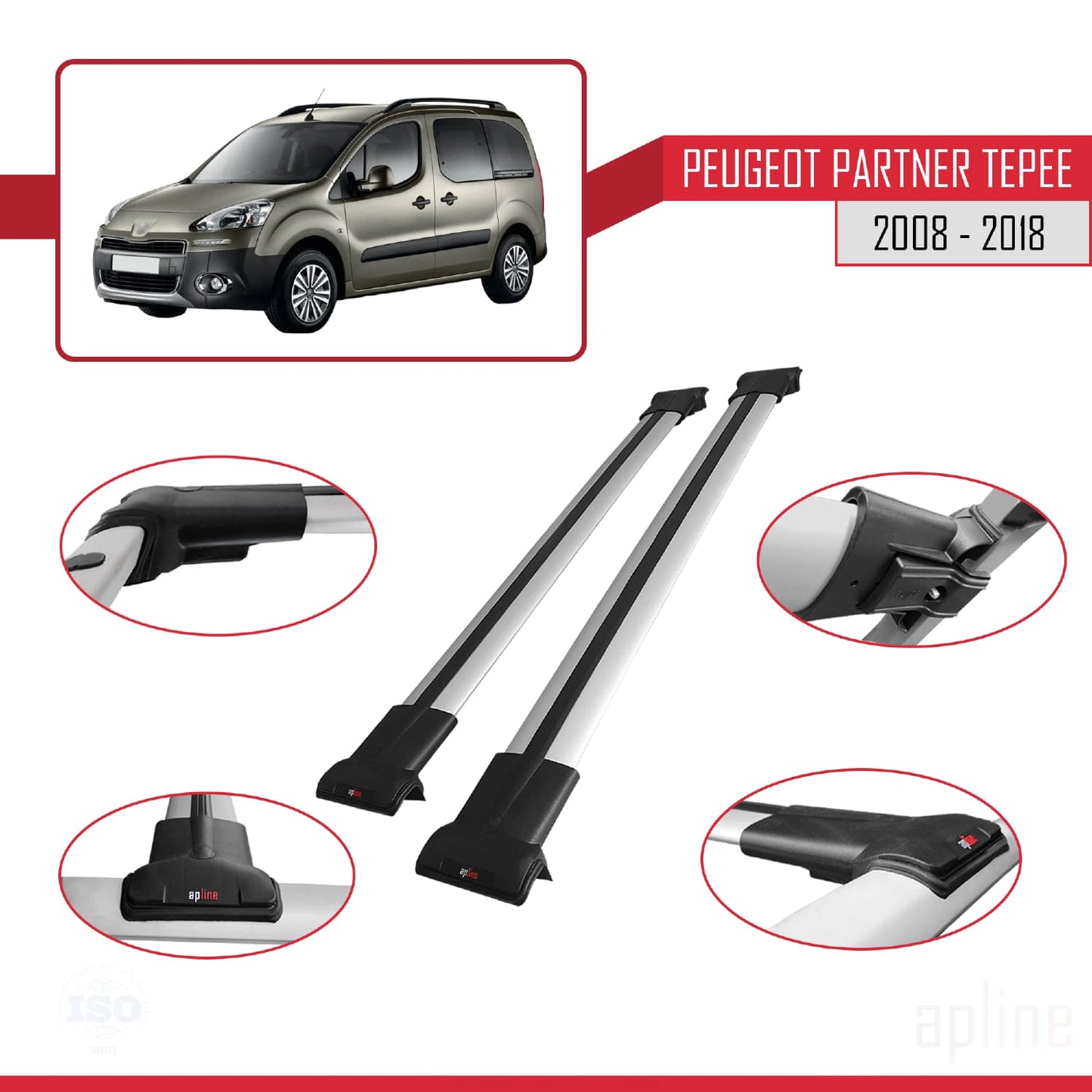 Compatible avec Peugeot Partner 2 Tepee 2008-2018 FLY Model Barres de Toit Railing Porte-Bagages de Voiture Gris Aluminium 2 Barres