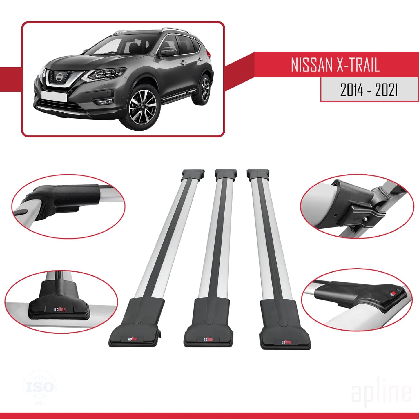 Compatible avec Nissan X-Trail 3 (T32) 2014-2021 FLY Model Barres de Toit Railing Porte-Bagages de Voiture Gris Aluminium 3 Barres
