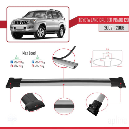 Compatible avec Toyota Land Cruiser Prado (J120) 2002-2006 FLY Model Barres de Toit Railing Porte-Bagages de Voiture Gris Aluminium 2 Barres