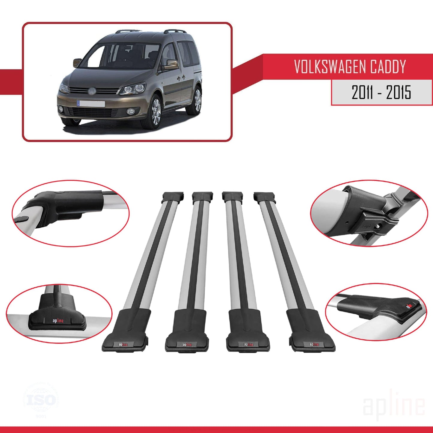 Compatible avec Volkswagen Caddy 3 (2K) 2011-2015 FLY Model Barres de Toit Railing Porte-Bagages de Voiture Gris Aluminium 4 Barres