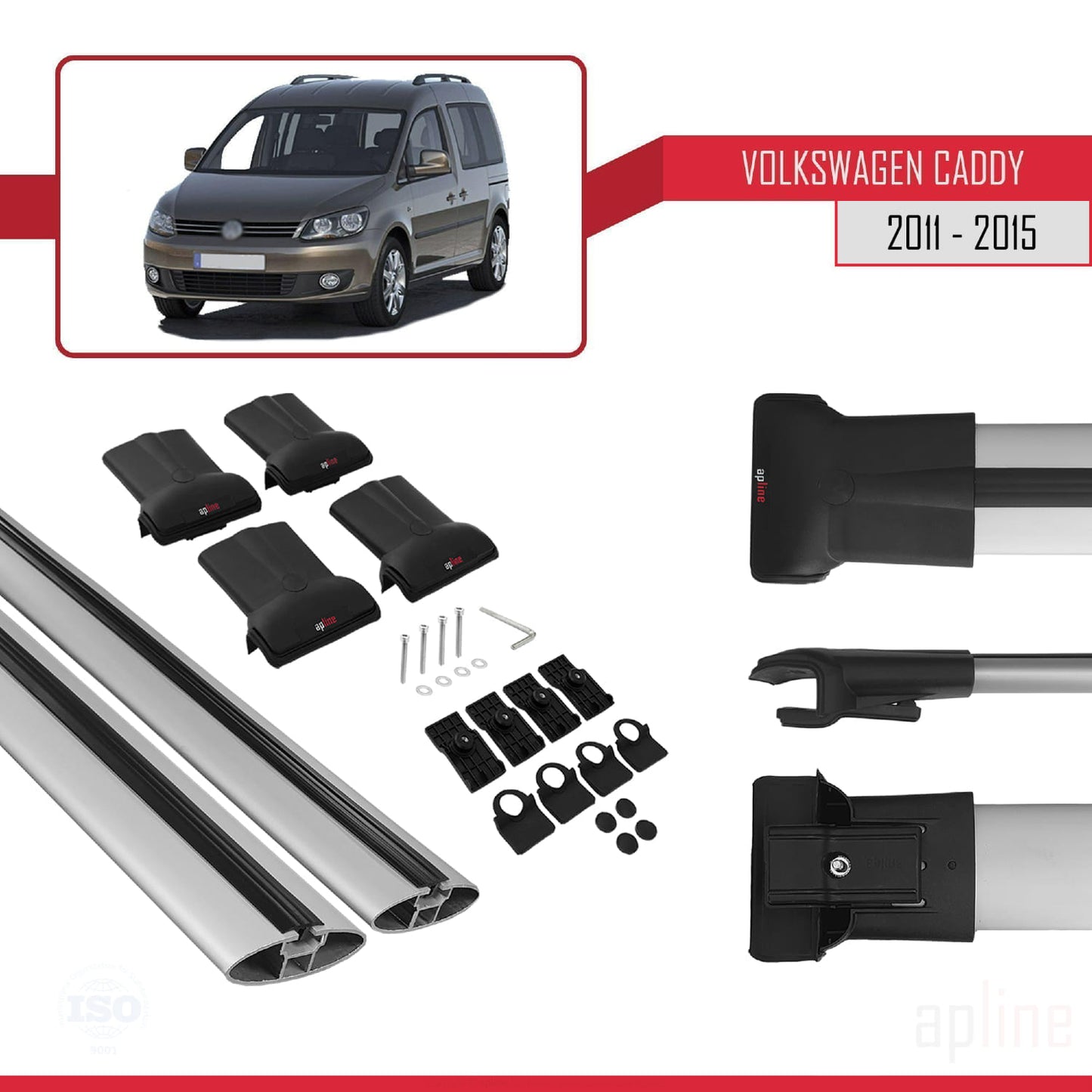 FLY Model Dakdrager bagagedrager compatibel met Volkswagen Caddy 3 (2K) 2011-2015 Spoorstaven Grijs Aluminium 2 Staven