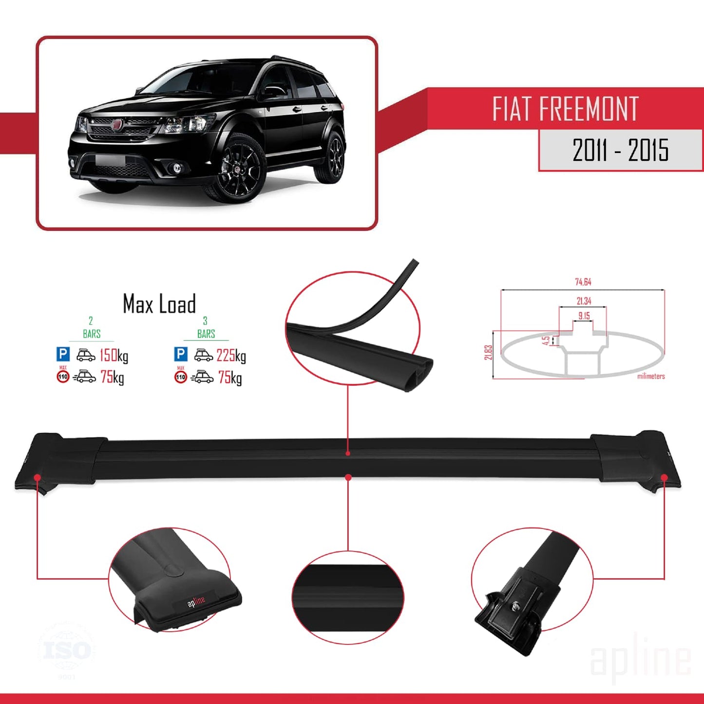 Compatibile con Fiat Freemont 2011-2015 FLY Model Barre Tetto Portapacchi Auto Barre Portatutto Nero Alluminio 2 Barre