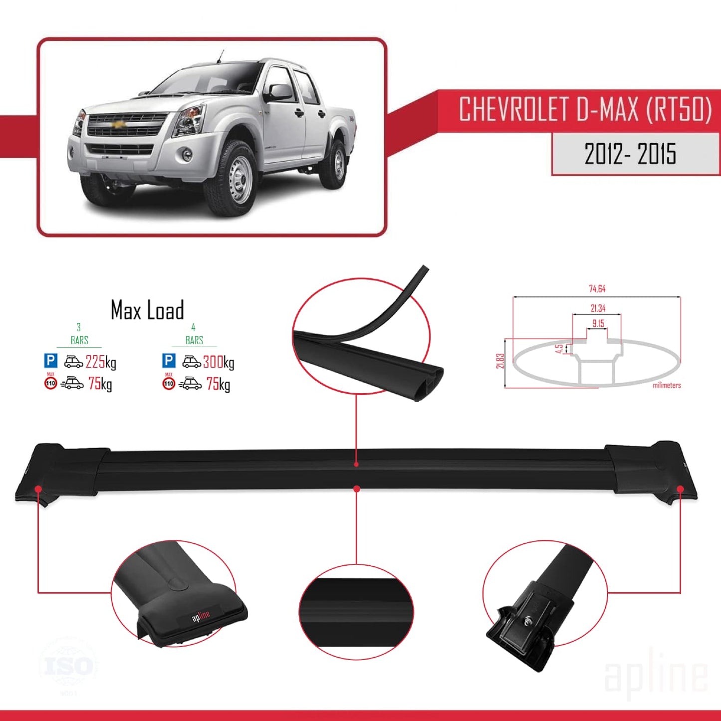 Compatible con Chevrolet D-Max (RT50) 2012-2015 FLY Model Barras de Techo Auto Portaequipajes Barras Transversales Negro Aluminio 3 Barras