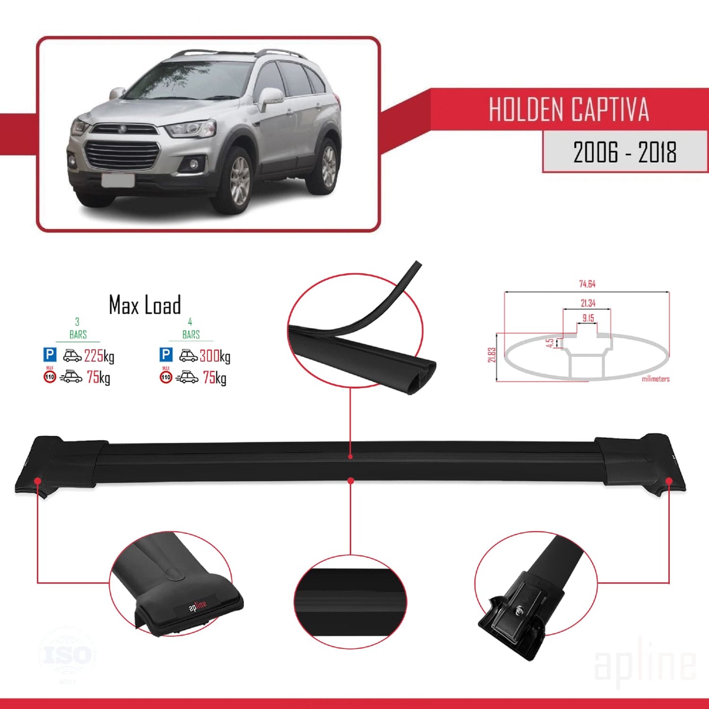 Kompatibel mit Holden Captiva 2006-2018 FLY Modell Dachgepäckträger, schwarzes Aluminium, 3 Stangen