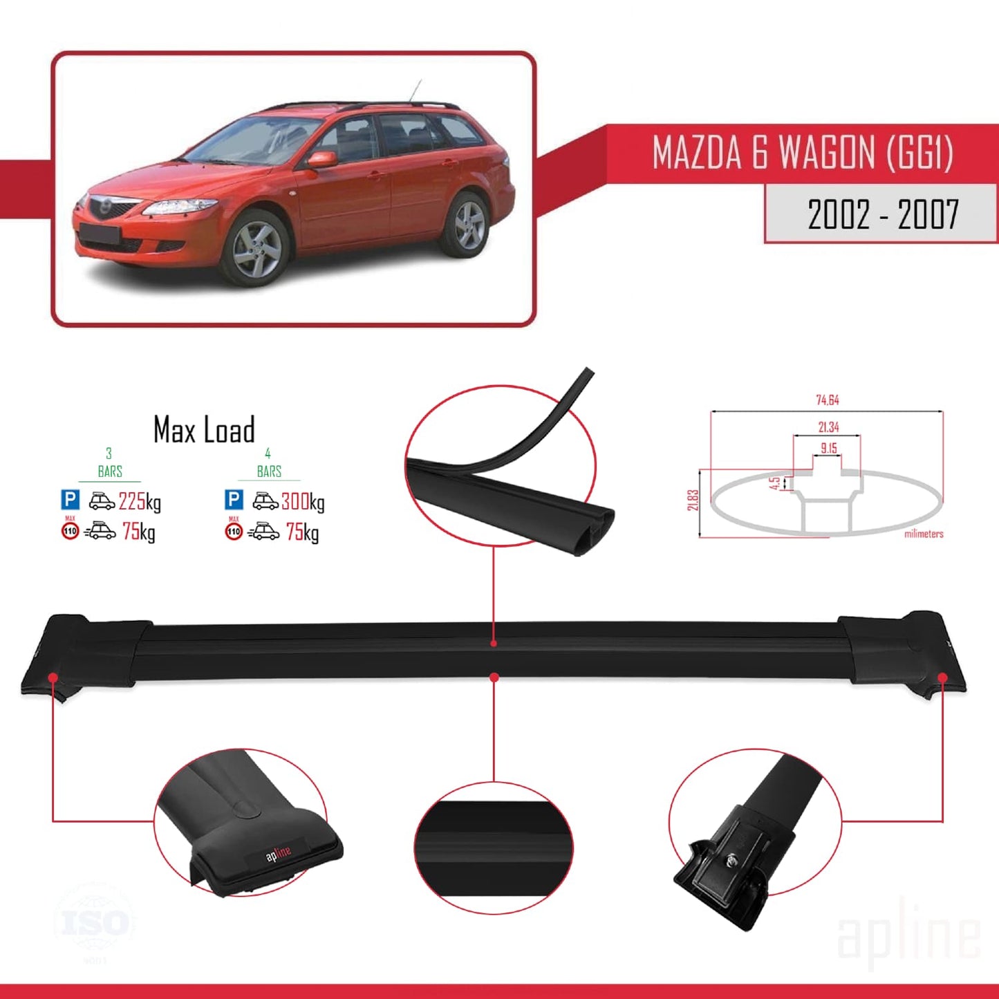Compatible avec Mazda 6 I (GG1) 2002-2007 FLY Model Barres de Toit Railing Porte-Bagages de Voiture Noir Aluminium 3 Barres