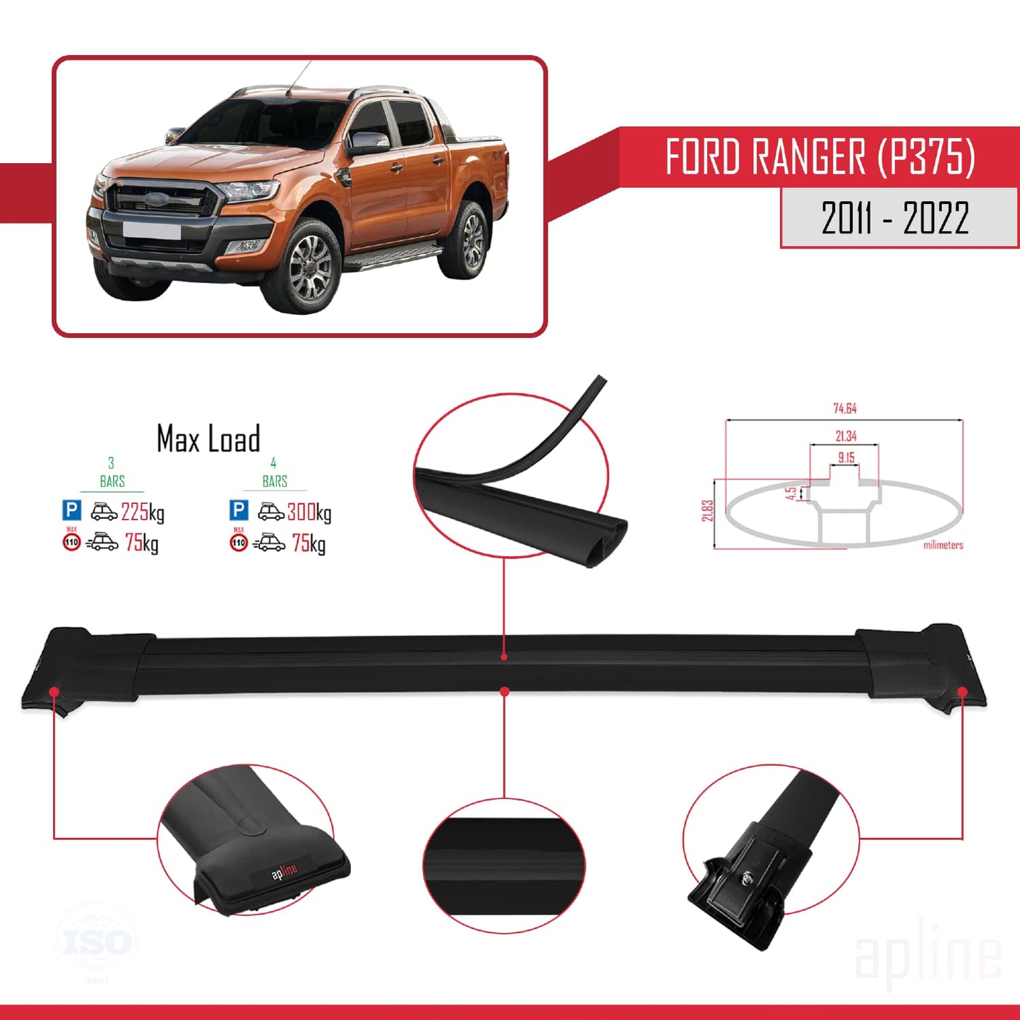FLY Model Dakdrager bagagedrager compatibel met Ford Ranger (P375) 2011-2022 Spoorstaven Zwart Aluminium 3 Staven