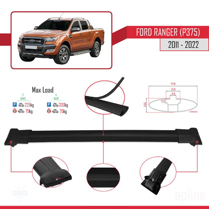 FLY Model Dakdrager bagagedrager compatibel met Ford Ranger (P375) 2011-2022 Spoorstaven Zwart Aluminium 3 Staven