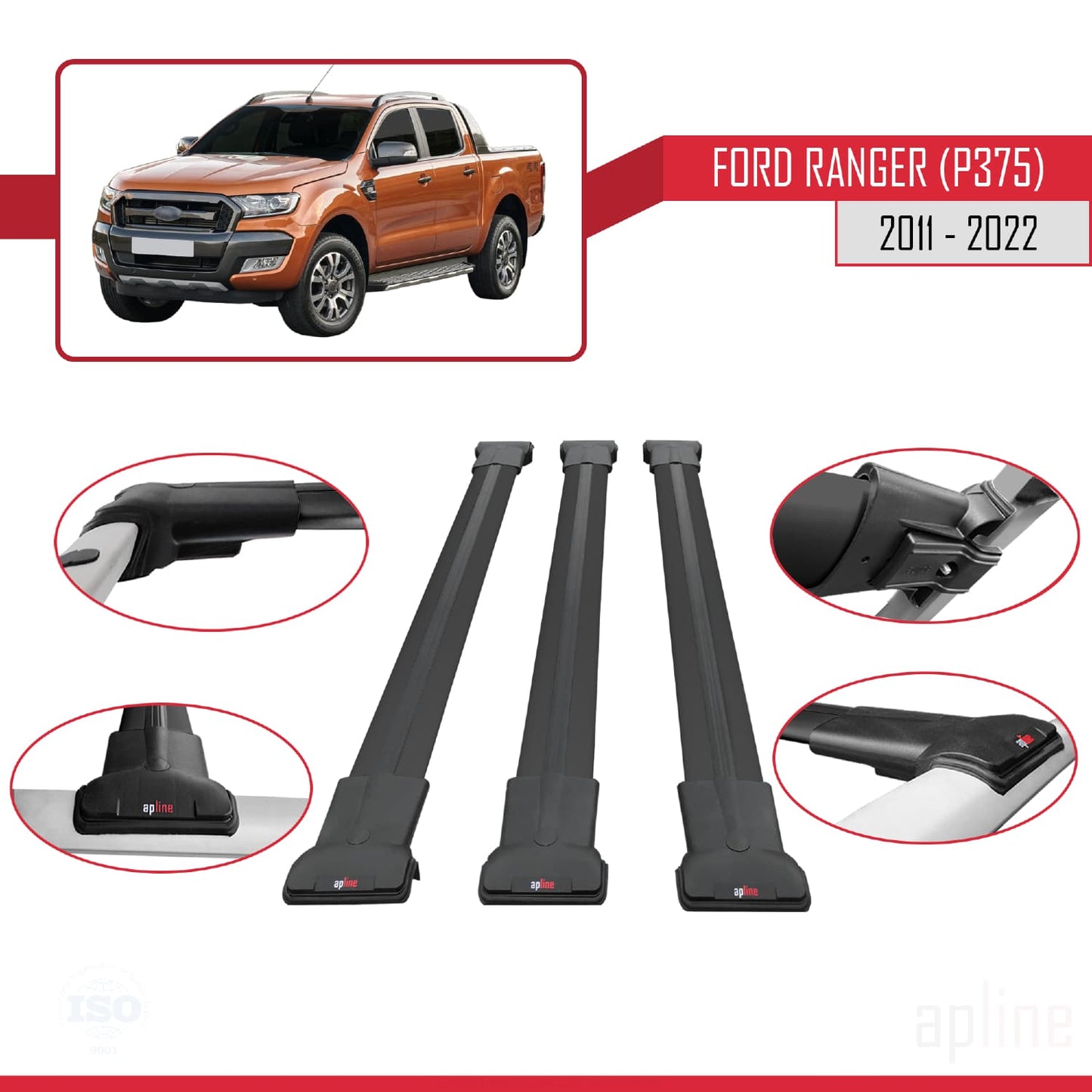 FLY Model Dakdrager bagagedrager compatibel met Ford Ranger (P375) 2011-2022 Spoorstaven Zwart Aluminium 3 Staven