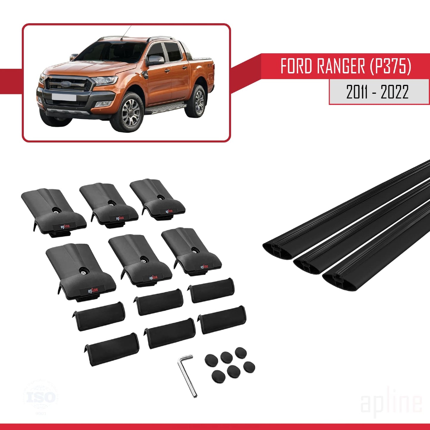 FLY Model Dakdrager bagagedrager compatibel met Ford Ranger (P375) 2011-2022 Spoorstaven Zwart Aluminium 3 Staven