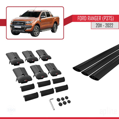 FLY Model Dakdrager bagagedrager compatibel met Ford Ranger (P375) 2011-2022 Spoorstaven Zwart Aluminium 3 Staven