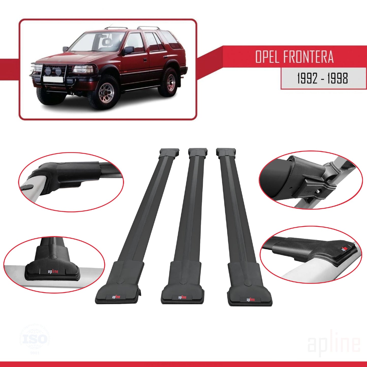 Compatible avec Opel Frontera 1992-1998 FLY Model Barres de Toit Railing Porte-Bagages de Voiture Noir Aluminium 3 Barres