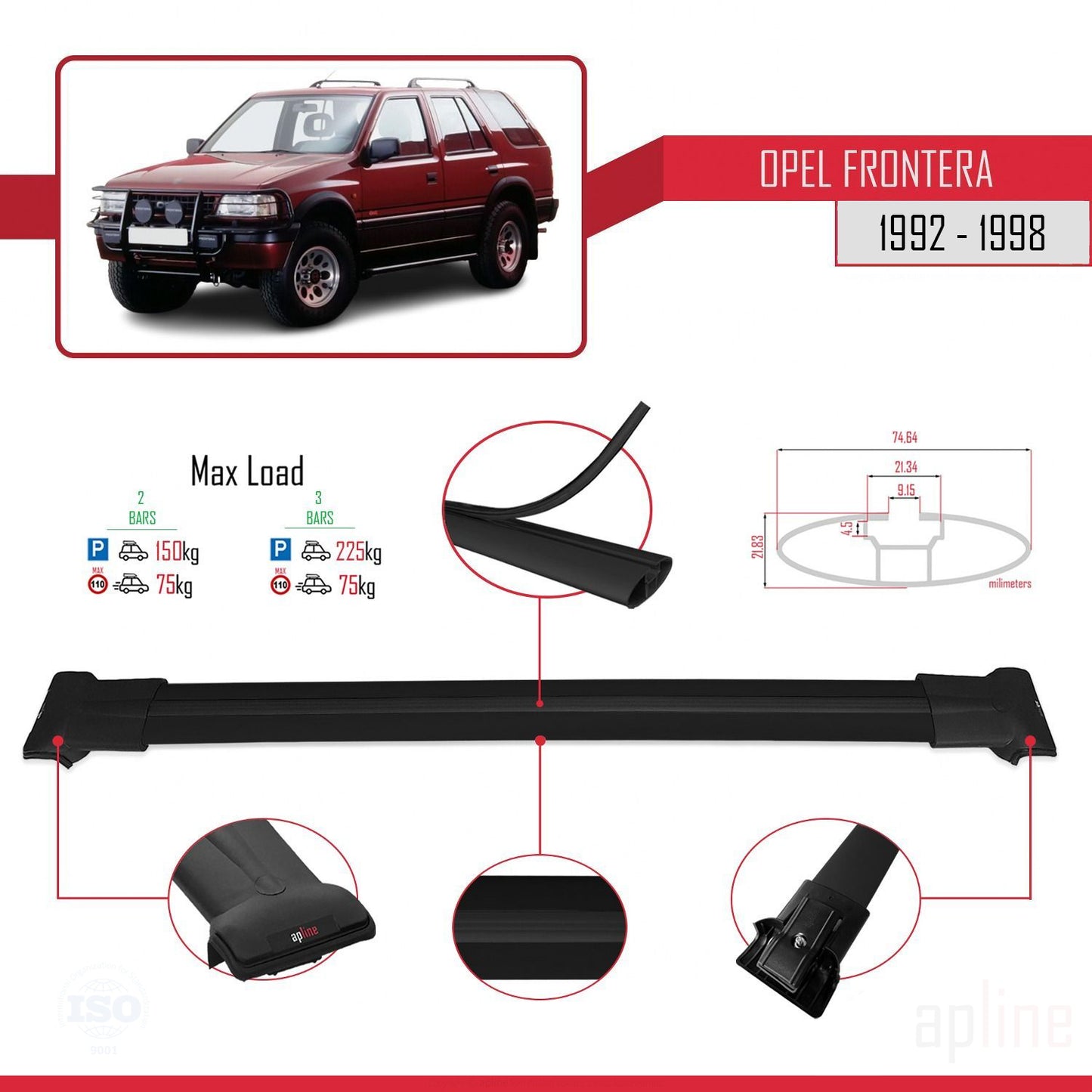 Compatibile con Opel Frontera 1992-1998 FLY Model Barre Tetto Portapacchi Auto Barre Portatutto Nero Alluminio 2 Barre