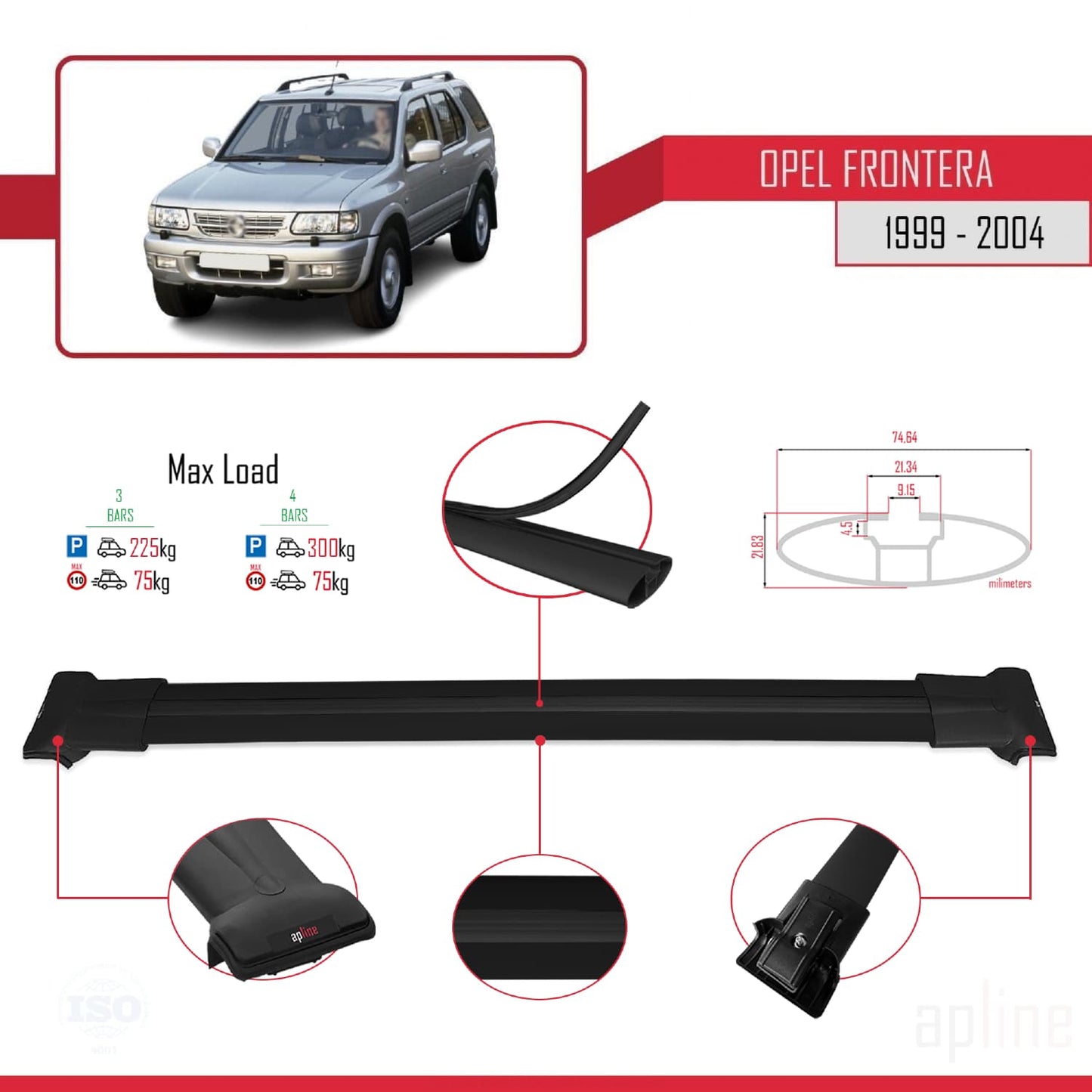 Compatibile con Opel Frontera 2 1999-2004 FLY Model Barre Tetto Portapacchi Auto Barre Portatutto Nero Alluminio 3 Barre