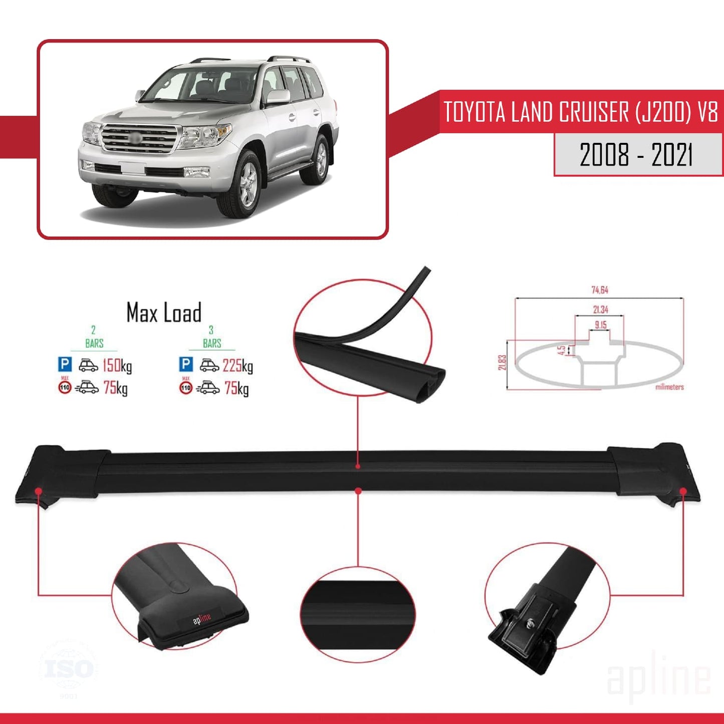 Compatibile con Toyota Land Cruiser V8 (J200) 2008-2021 FLY Model Barre Tetto Portapacchi Auto Barre Portatutto Nero Alluminio 2 Barre