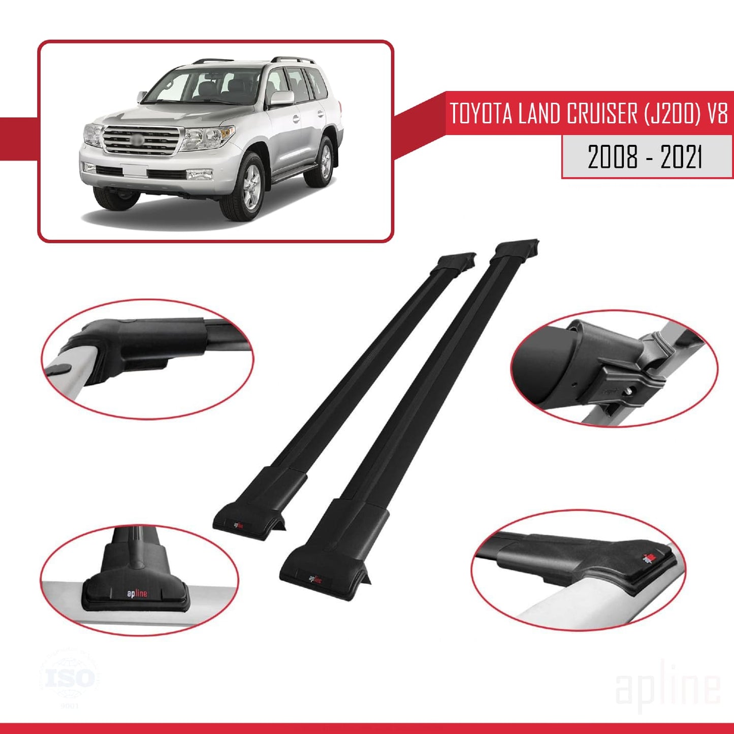 Compatibile con Toyota Land Cruiser V8 (J200) 2008-2021 FLY Model Barre Tetto Portapacchi Auto Barre Portatutto Nero Alluminio 2 Barre