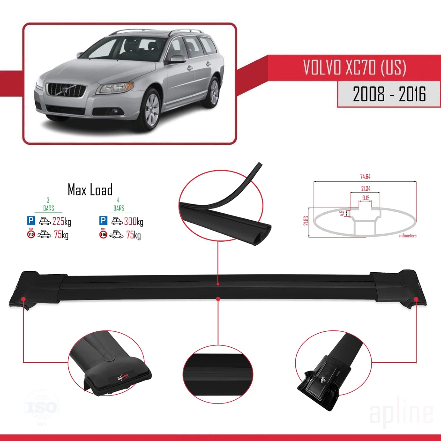 Compatible avec Volvo XC70 II (P24) 2008-2016 FLY Model Barres de Toit Railing Porte-Bagages de Voiture Noir Aluminium 3 Barres
