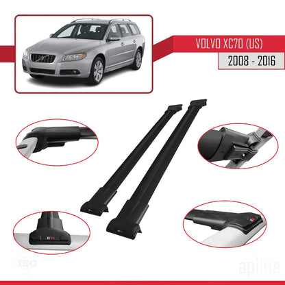 Compatible avec Volvo XC70 II (P24) 2008-2016 FLY Model Barres de Toit Railing Porte-Bagages de Voiture Noir Aluminium 2 Barres