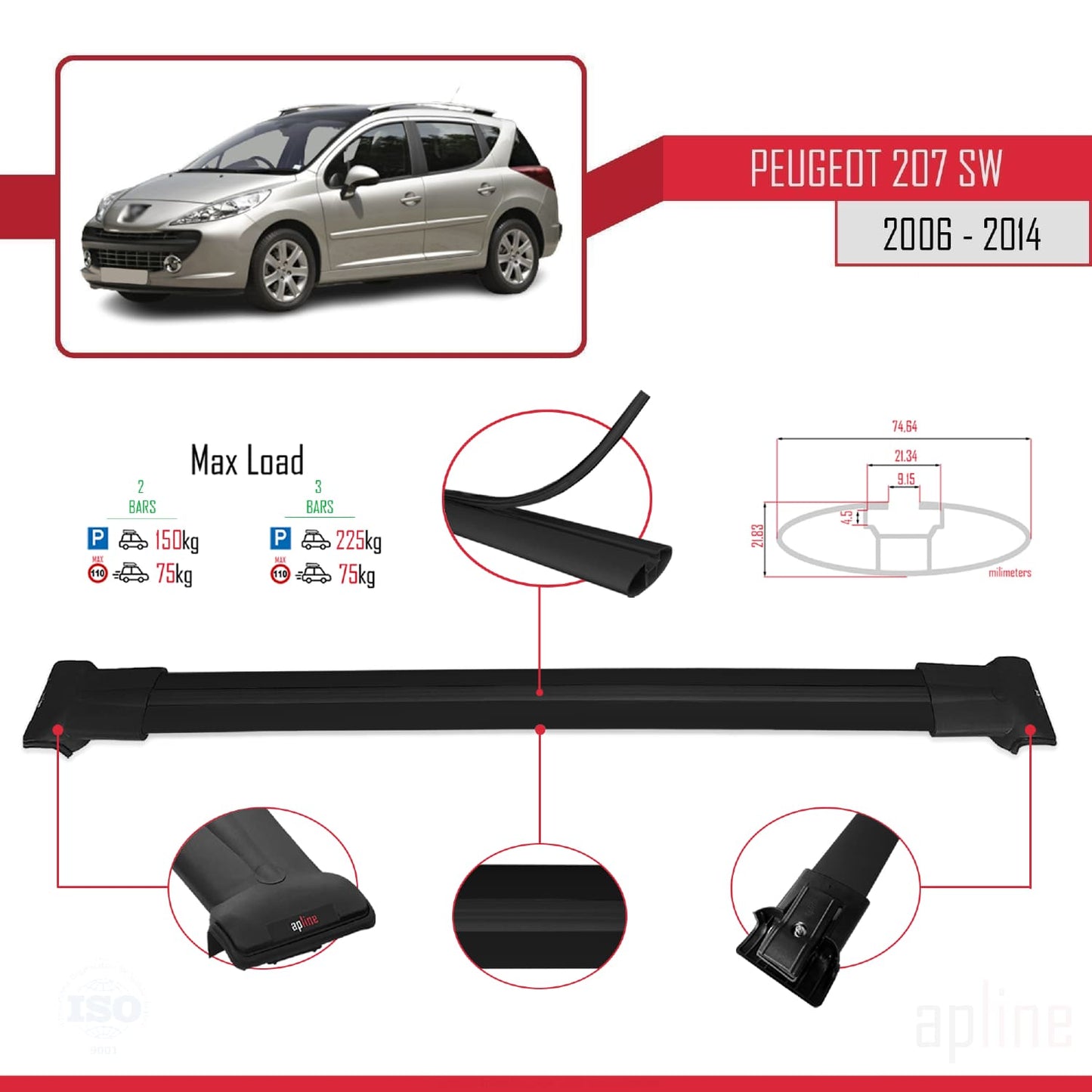 Compatible avec Peugeot 207 Break 2006-2014 FLY Model Barres de Toit Railing Porte-Bagages de Voiture Noir Aluminium 2 Barres