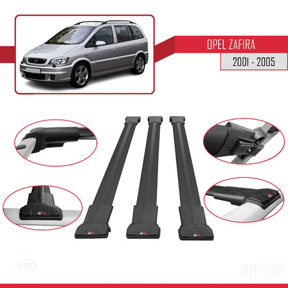FLY Model Dakdrager bagagedrager compatibel met Opel Zafira A (T98) 2001-2005 Spoorstaven Zwart Aluminium 3 Staven