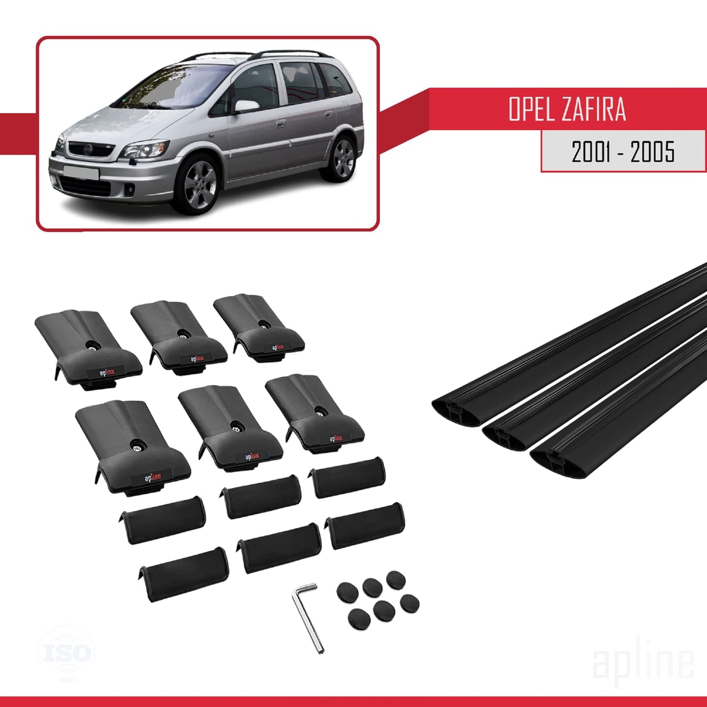 FLY Model Dakdrager bagagedrager compatibel met Opel Zafira A (T98) 2001-2005 Spoorstaven Zwart Aluminium 3 Staven