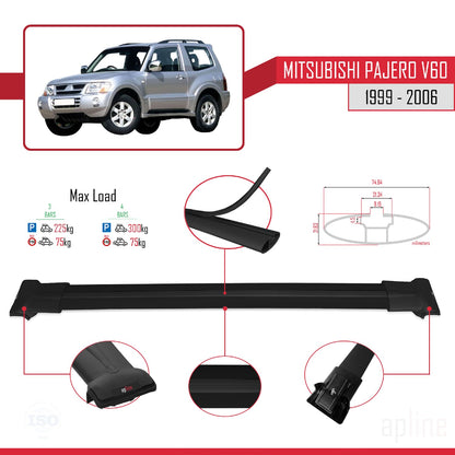 Compatible avec Mitsubishi Pajero (V60) 3 Kapı 1999-2006 FLY Model Barres de Toit Railing Porte-Bagages de Voiture Noir Aluminium 3 Barres
