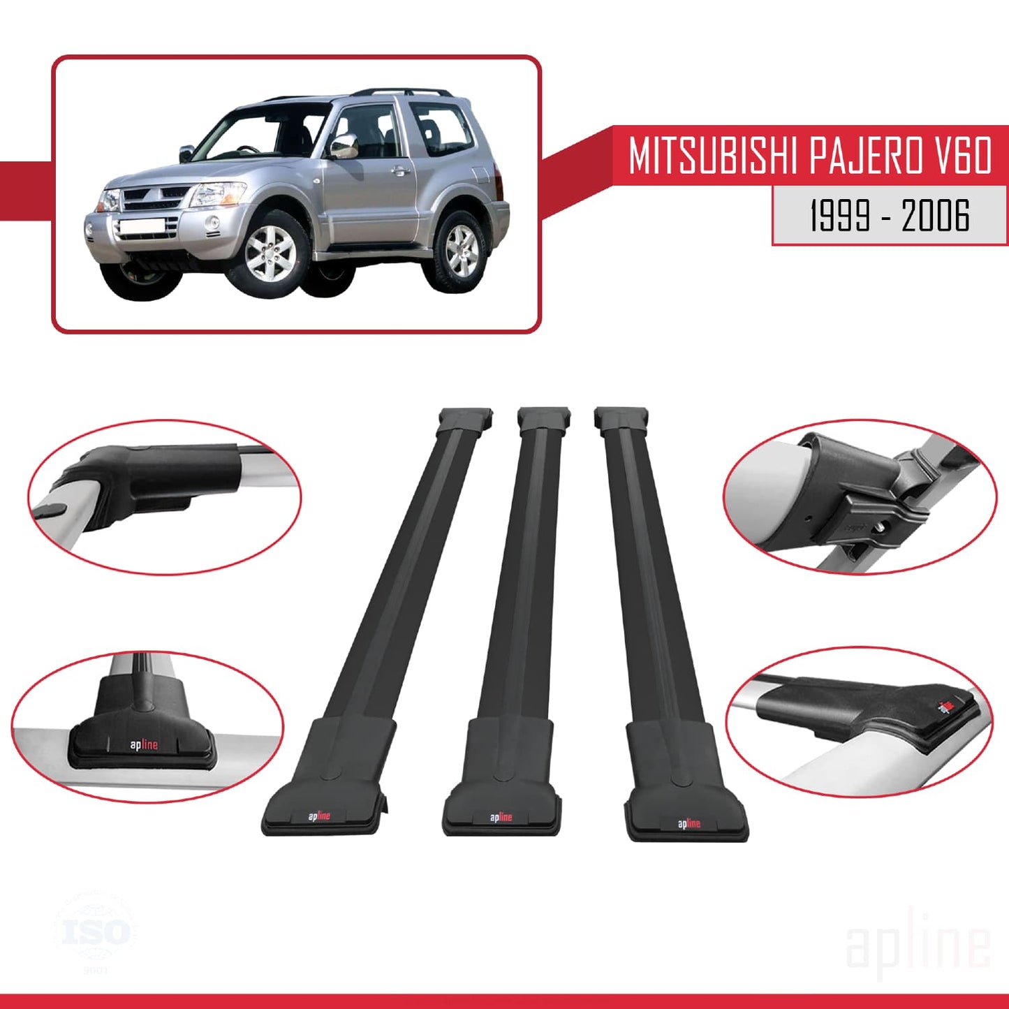 Compatible avec Mitsubishi Pajero (V60) 3 Kapı 1999-2006 FLY Model Barres de Toit Railing Porte-Bagages de Voiture Noir Aluminium 3 Barres