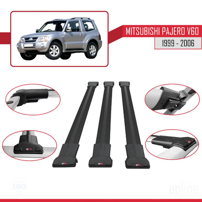 Compatible avec Mitsubishi Pajero (V60) 3 Kapı 1999-2006 FLY Model Barres de Toit Railing Porte-Bagages de Voiture Noir Aluminium 3 Barres