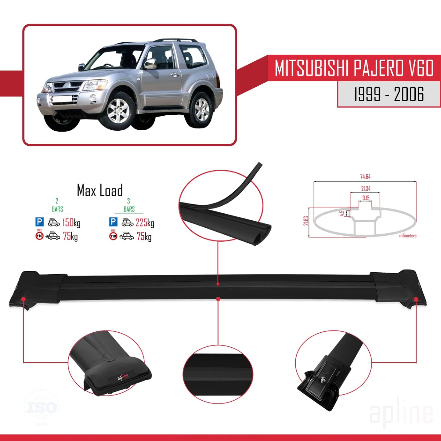 Compatible avec Mitsubishi Pajero (V60) 3 Kapı 1999-2006 FLY Model Barres de Toit Railing Porte-Bagages de Voiture Noir Aluminium 2 Barres