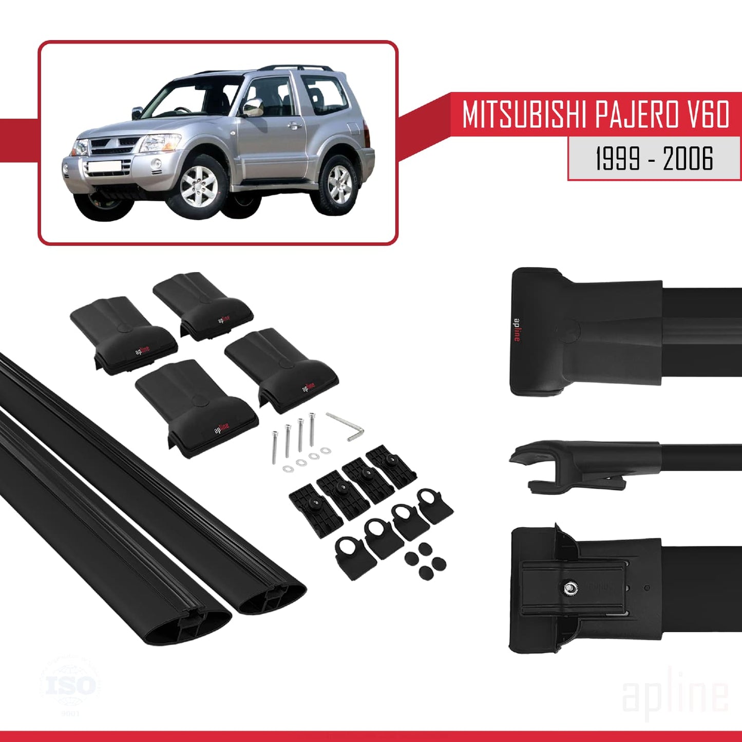 Compatible avec Mitsubishi Pajero (V60) 3 Kapı 1999-2006 FLY Model Barres de Toit Railing Porte-Bagages de Voiture Noir Aluminium 2 Barres