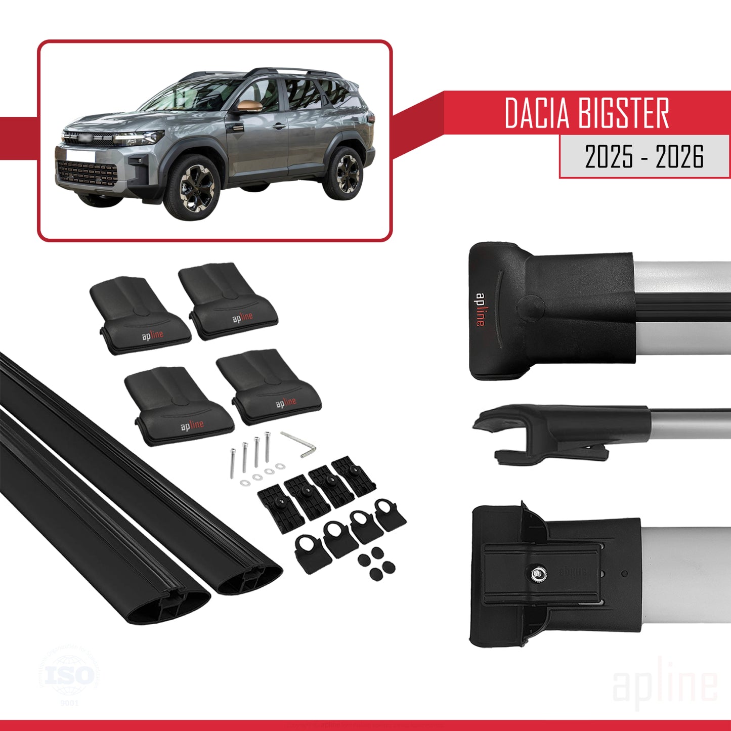 Compatible avec Dacia Bigster 2025-2026 FLY Model Barres de Toit Railing Porte-Bagages de Voiture Noir Aluminium 2 Barres