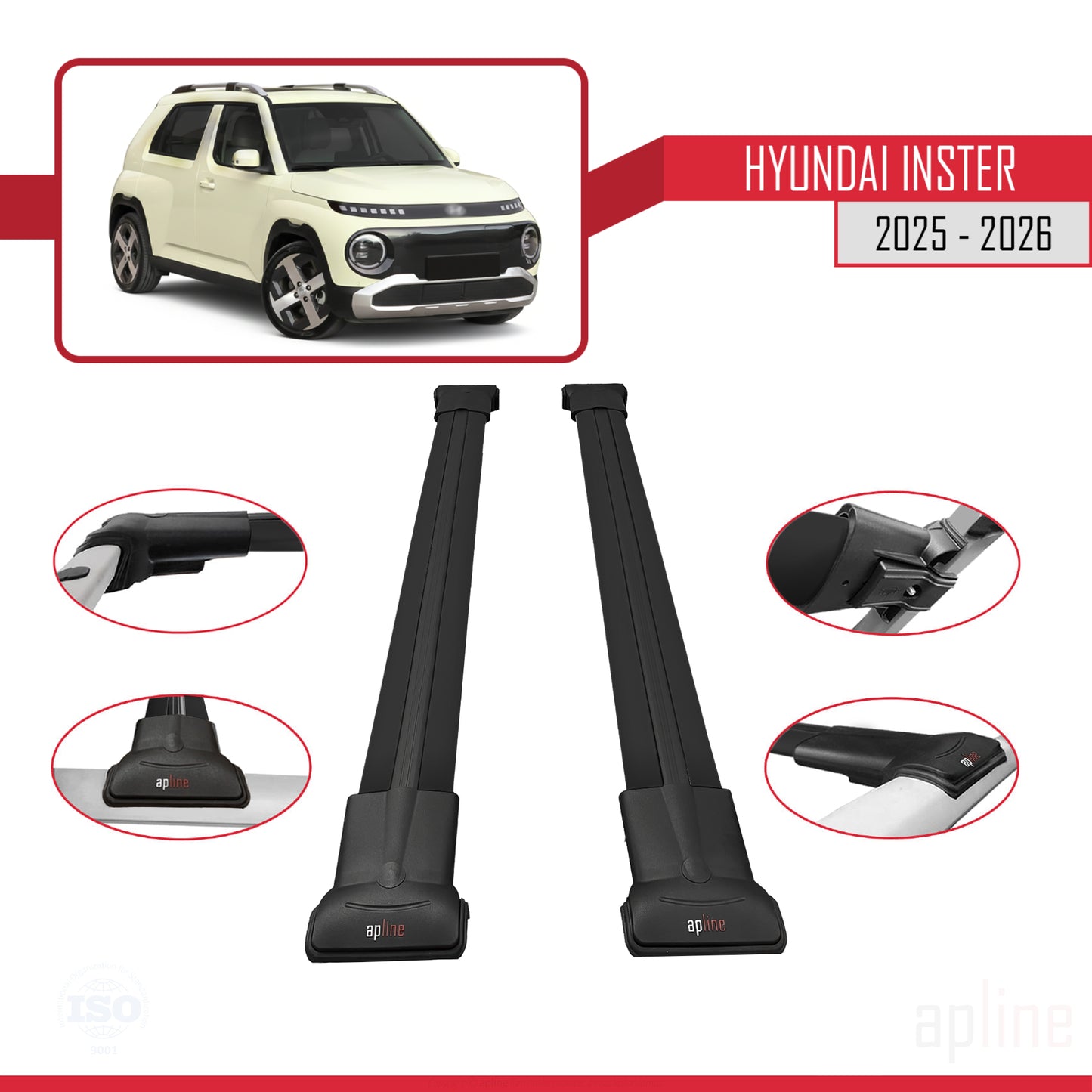 Compatible avec Hyundai Inster 2025-2026 FLY Model Barres de Toit Railing Porte-Bagages de Voiture Noir Aluminium 2 Barres