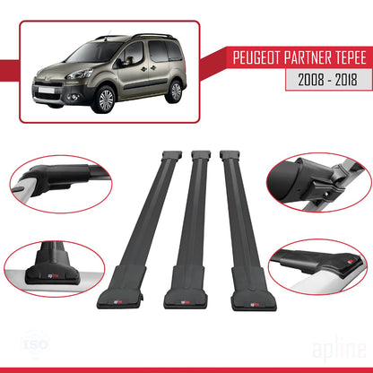 Compatible avec Peugeot Partner 2 Tepee 2008-2018 FLY Model Barres de Toit Railing Porte-Bagages de Voiture Noir Aluminium 3 Barres