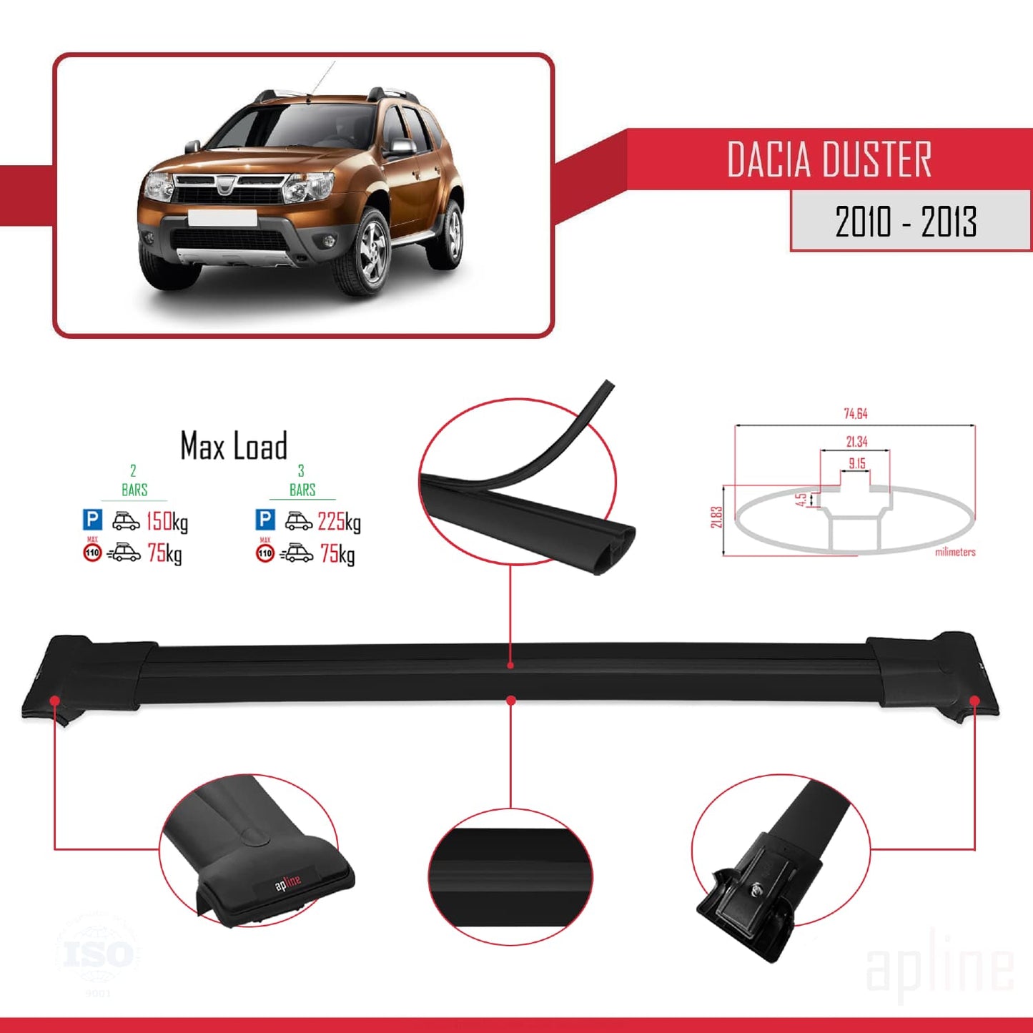 Compatibile con Dacia Duster (HS) Pre-Facelift 2010-2013 FLY Model Barre Tetto Portapacchi Auto Barre Portatutto Nero Alluminio 2 Barre