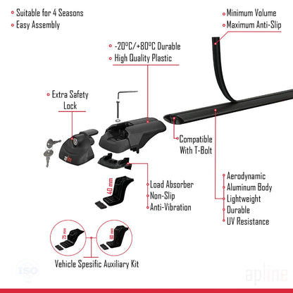 Compatible avec Fiat Fiorino (Modèle Tubulaire) 2008-2025 ACE-1 Barres de Toit Railing Porte-Bagages de Voiture Noir Aluminium 2 Barres