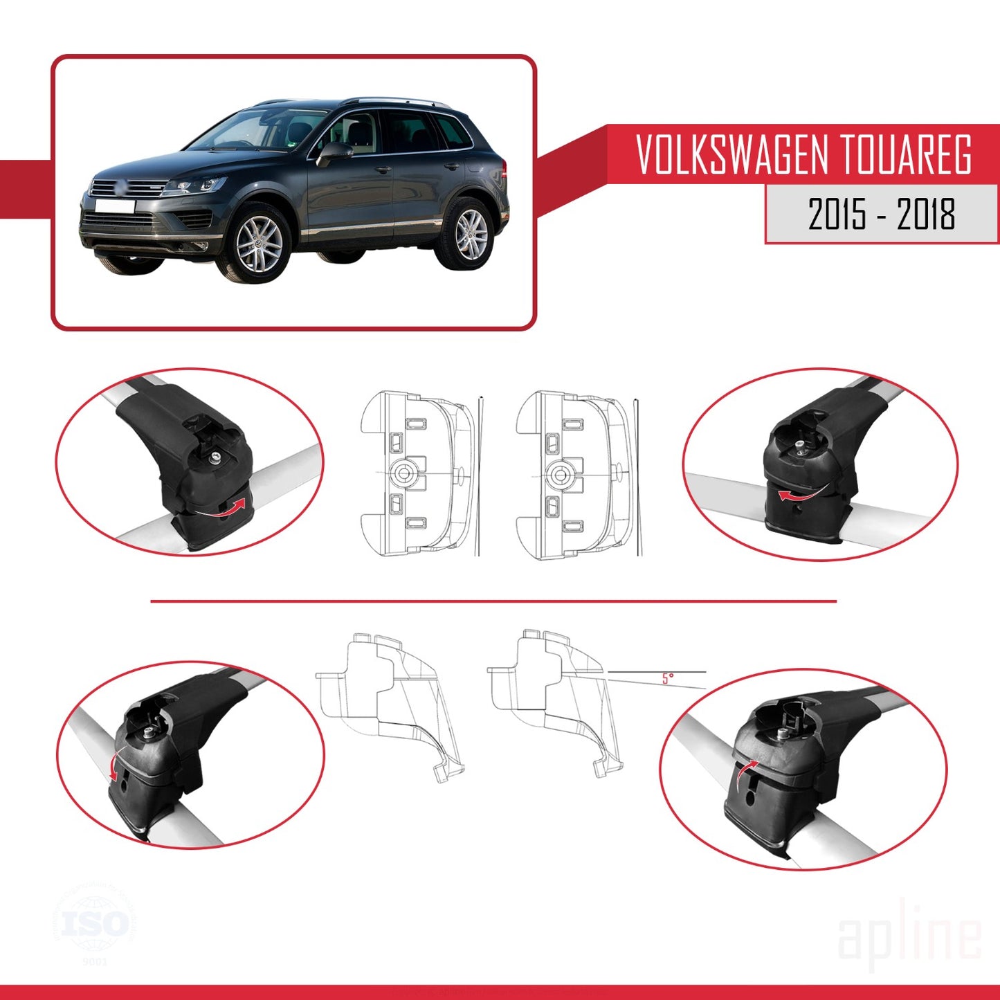ACE-2 Dakdrager bagagedrager compatibel met VW Touareg 2015-2018 Spoorstaven Grijs Aluminium 2 Staven